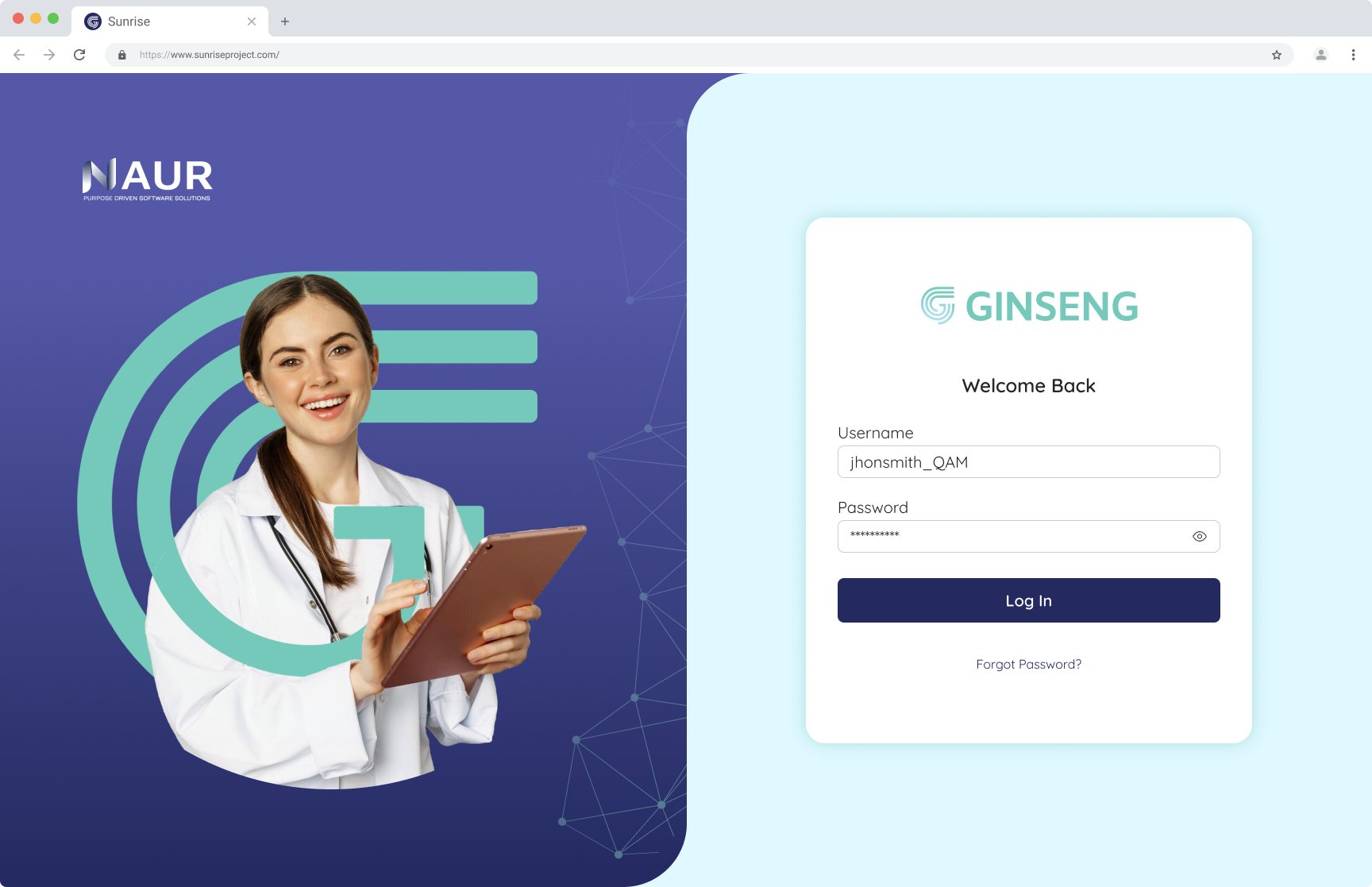 Ginseng login screen with NAUR branding